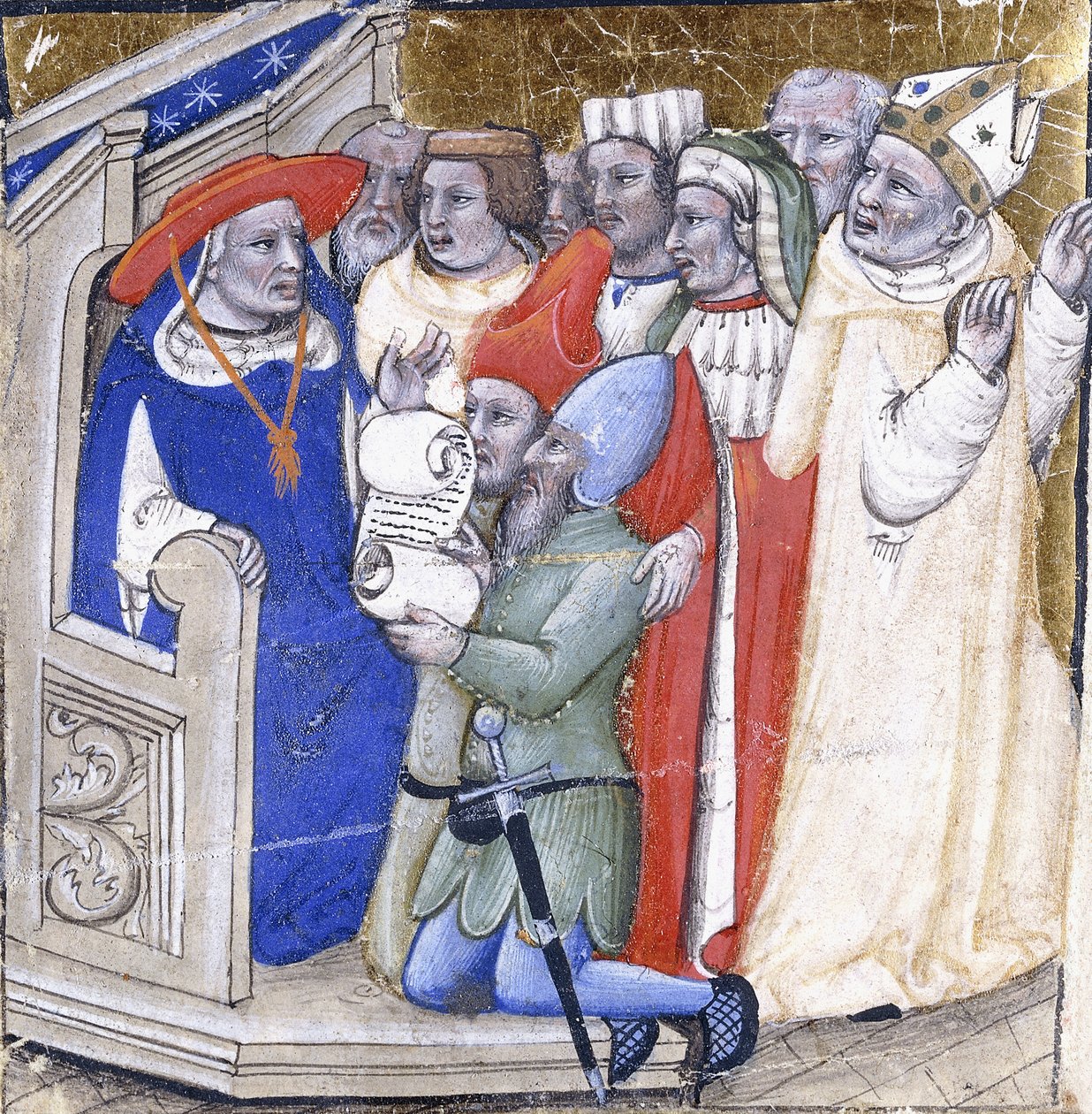 كاردينال يجلس في الحكم على أسقف ، متهم من قبل شخصين عاديين ، حوالي عام 1380 (طلاء وأوراق ذهبية على ورق رقي) بواسطة نيكولو دي جياكومو