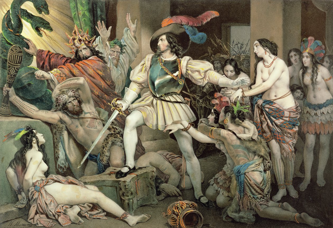 غزو المكسيك: هيرناندو كورتيس (1485-1547) يعارض التضحية البشرية بواسطة نيكولاس أوستاش ماورين