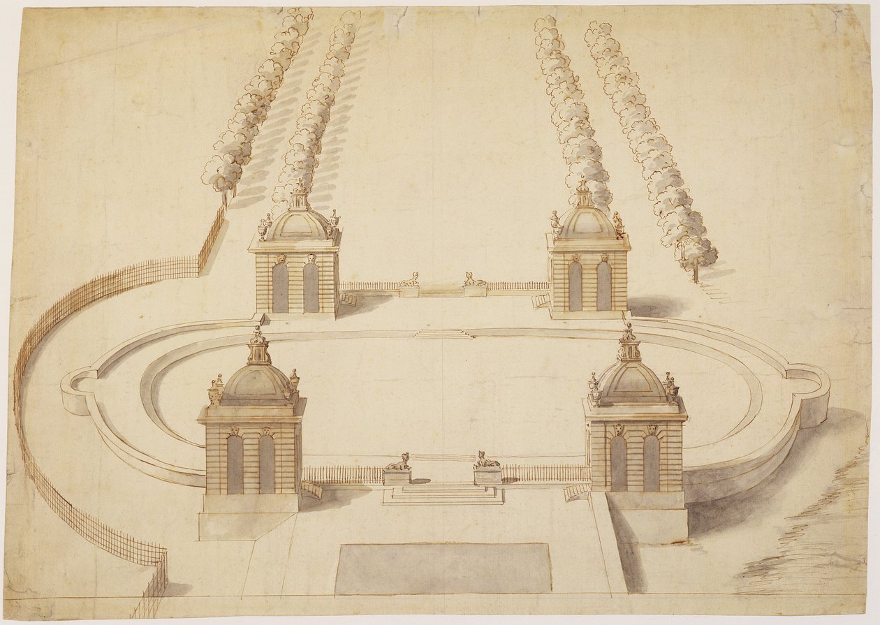 تصميم لـ Bowling Green ، Hampton Court ، c.1689-91 (قلم وحبر بني ، غسيل وغرافيت على ورق) بواسطة نيكولاس هوكسمور