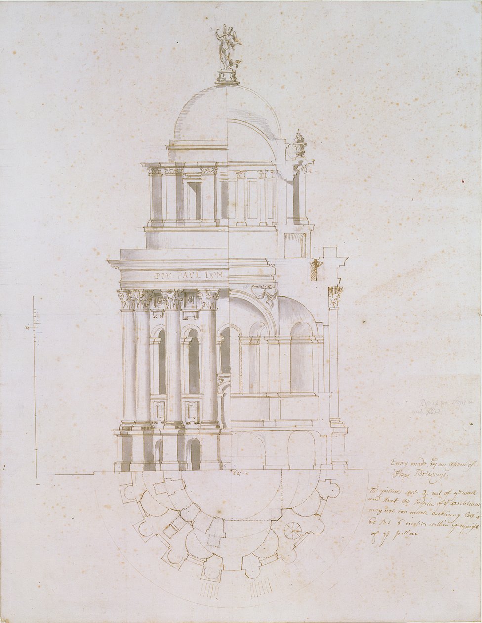 الارتفاع ، المقطع العرضي وخطة المعمودية غير المحققة لكاتدرائية القديس بولس ، c.1711-12 (القلم وغسل الحبر على الورق) بواسطة نيكولاس هوكسمور
