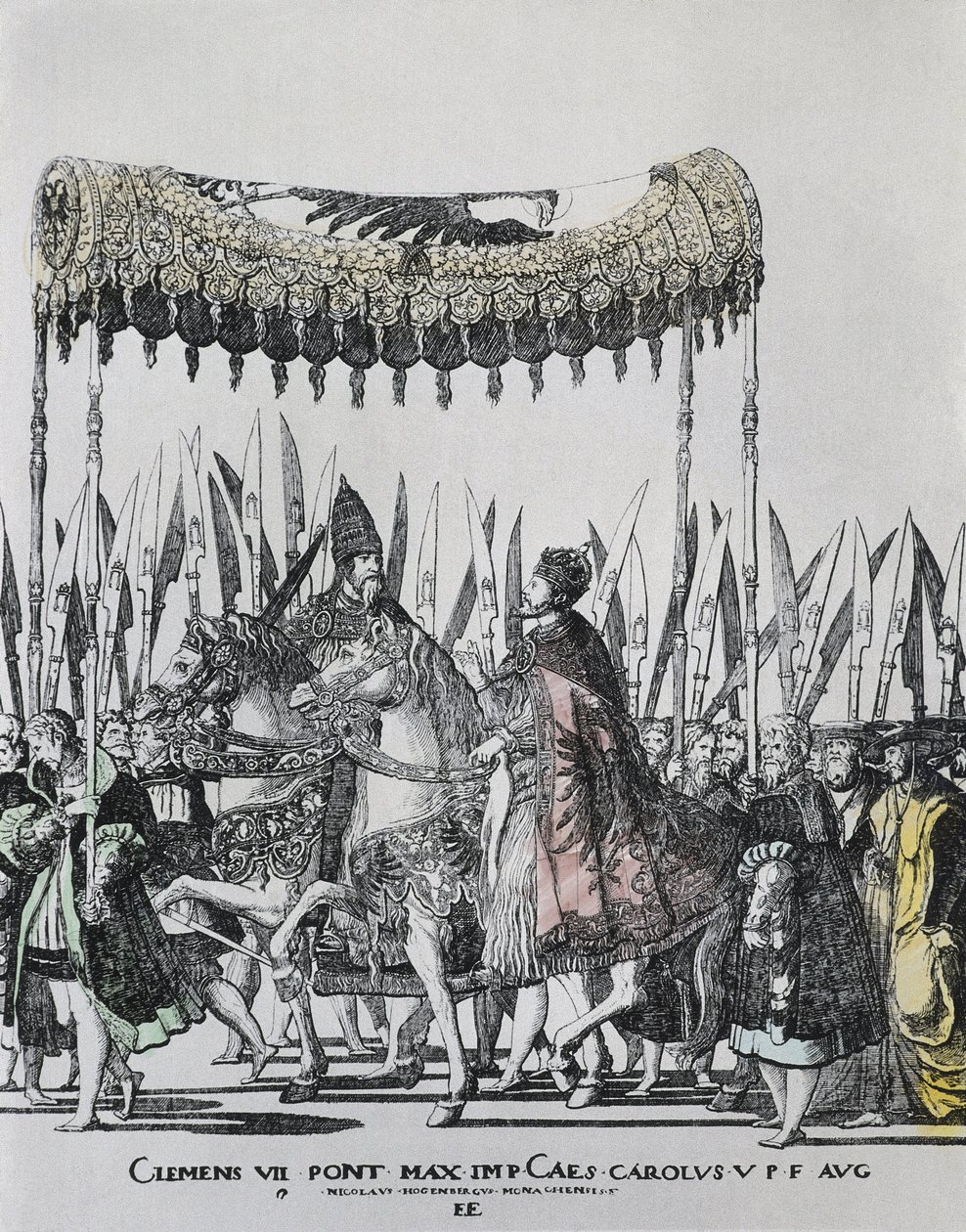 HOGENBERG, Nicolas (1500-1539). The Coronation of Charles V in Bologna. CHARLES V (1500-1558). Holy Roman Emperor (1519-1556) and King of Spain (1516-1556), as Charles I.; CLEMENT VII (1478-1534). Pope between 1523 and 1534. Engraving بواسطة نيكولاس هوجينبرغ