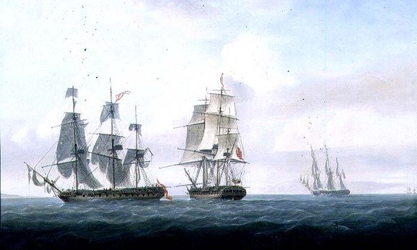 الفرقاطة الإسبانية "لا فاما" التي تفوقت على "ميدوسا" تتعامل مع HMS 'Lively' وتستسلم لها عام 1806 (زيت على قماش) بواسطة نيكولاس بوكوك