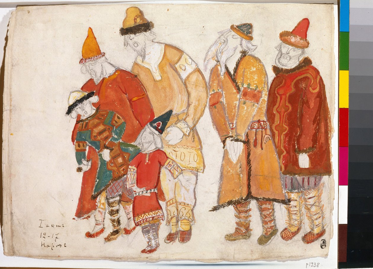 أهل الشعب. أزياء أوبرا "الأمير إيغور" للكاتب ألكسندر بورودين (بورودين) (1833-1887). عمل نيكولاس (نيكولاس) رويريتش (1874-1947) ، ألوان مائية وغواش على ورق بواسطة نيكولاس رويريتش