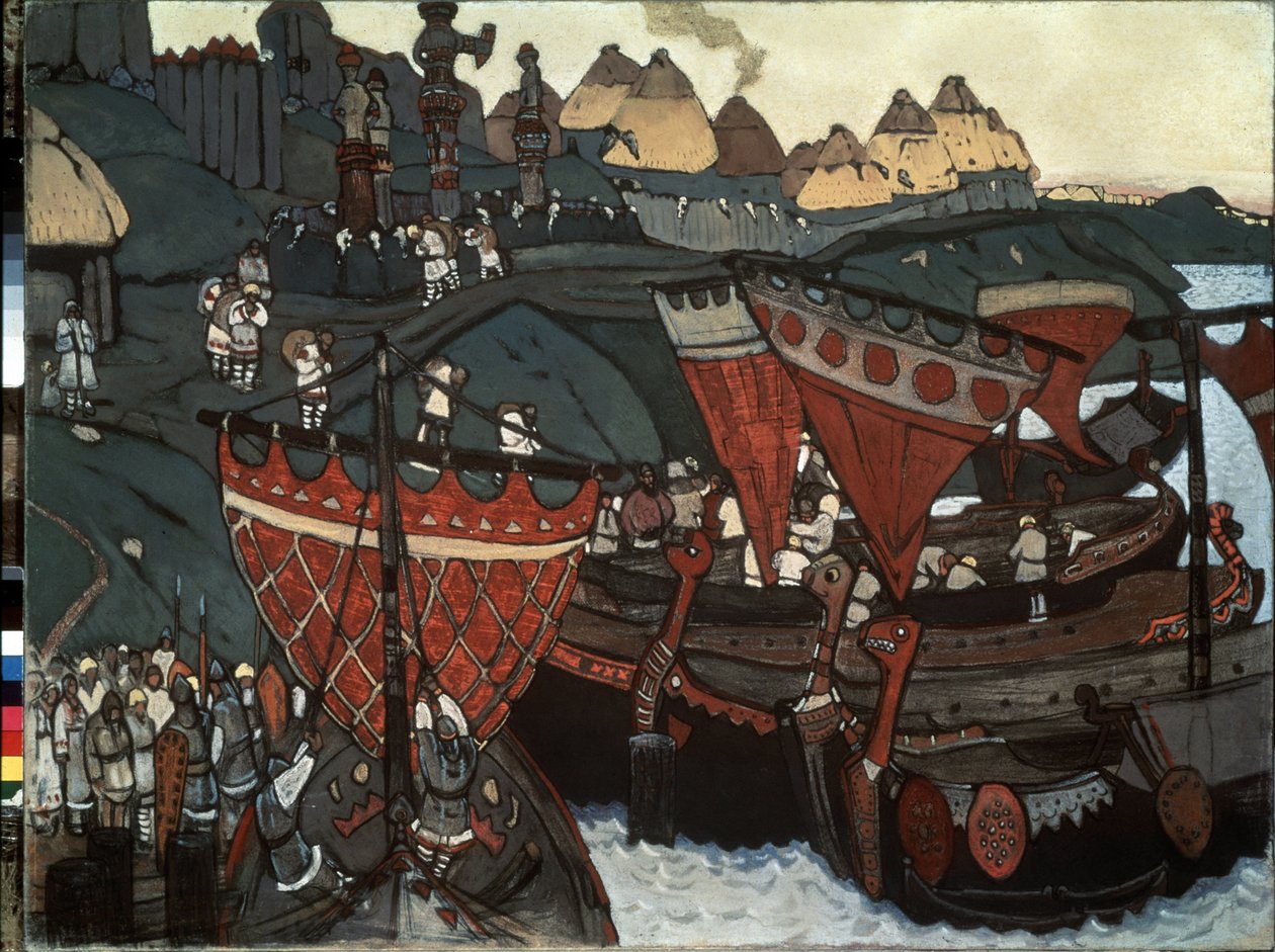 السلاف على نهر الدنيبر: Varangians (أو Rus) يقترضون النهر (السلاف على نهر Dnieper). عمل نيكولاس رويريتش (1874-1947) ، تمبرا وباستيل على ورق مقوى بواسطة نيكولاس رويريتش