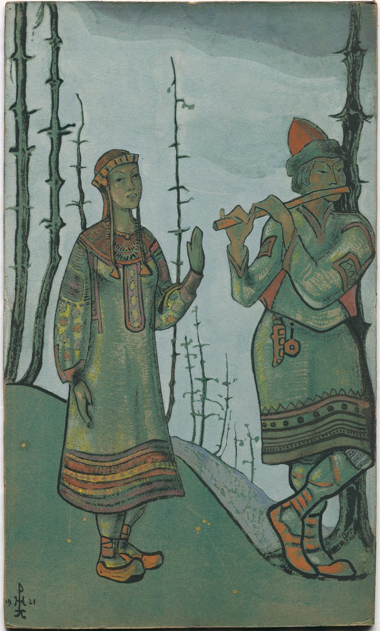 Snegurochka و Lel ، تصميم أزياء لأوبرا ريمسكي كورساكوف "Snegurochka" ، 1921 بواسطة نيكولاس رويريتش