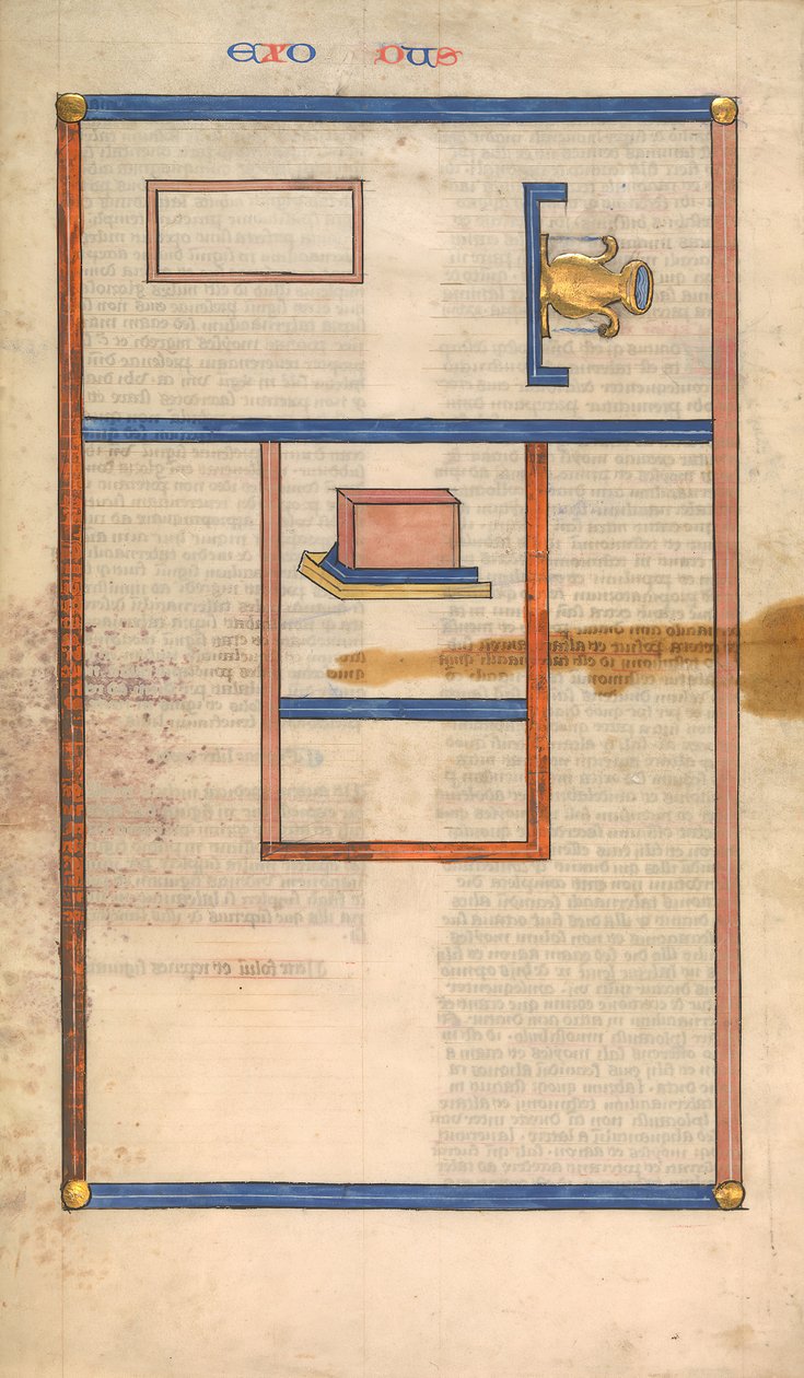 مخطط أرضية خيمة الاجتماع ، واحدة من ست أوراق مصورة من Postilla ... ، كاليفورنيا. 1360-1380. بواسطة نيكولاس ليرا