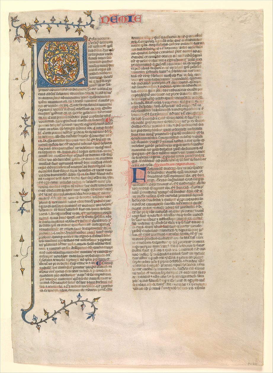 الحرف الأول من شرح نحميا ، أحد الأوراق الست المصوّرة ... ، كاليفورنيا. 1360-1380. بواسطة نيكولاس ليرا
