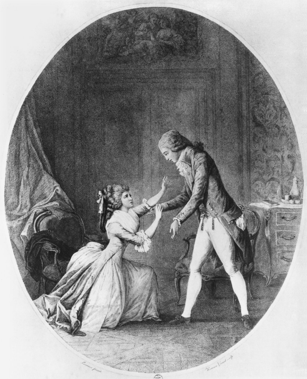 فالمونت إغواء مدام دي تورفيل ، رسم توضيحي من 'Les Liaisons Dangereuses' بقلم بيير تشودرلوس دي لاكلوس (1741-1803) نقش بواسطة رومان جيرارد (bc1751) 1782 (نقش) (صورة بالأبيض والأسود) بواسطة نيكلاس الثاني (بعد) لافرينسن