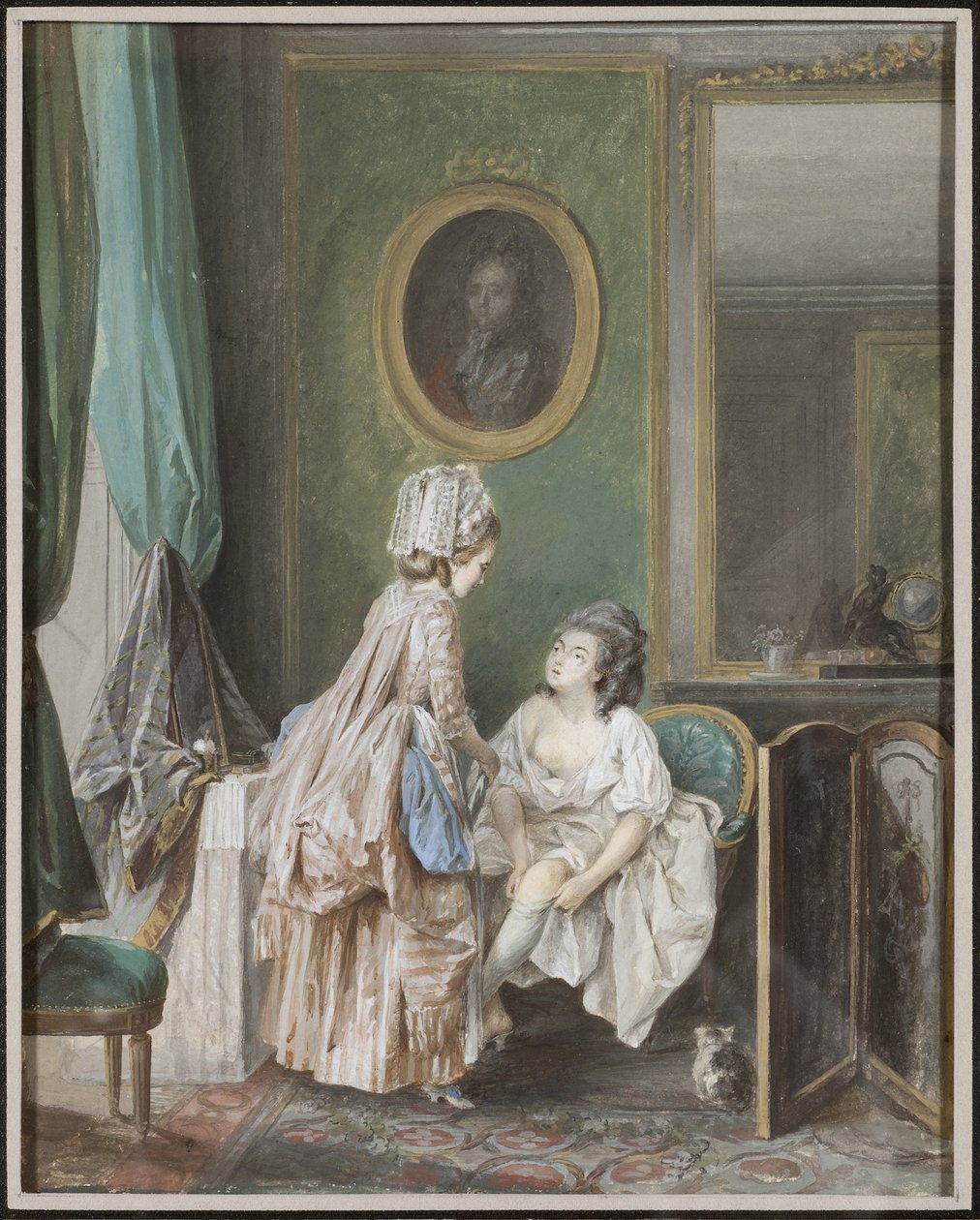 امرأة تسحب جوربها - امرأة تسحب جوربها ، بواسطة Lafrensen ، Niclas (Nicolas Lavreince) (1737-1807). جواش على ورق بواسطة نيكلاس الثاني لافرينسن