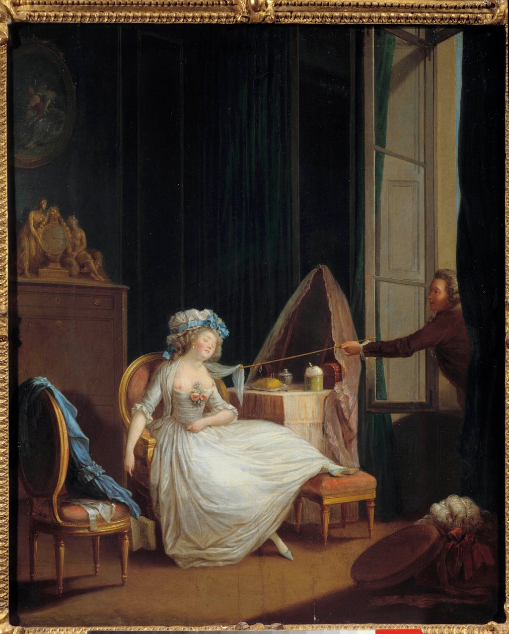 حب تافه رجل يكتشف صدر شابة نائمة على صدرها. رسم نيكلاس لافرينسي (1737-1807). القرن الثامن عشر في باريس. متحف كونياك جاي بواسطة نيكلاس الثاني لافرينسن