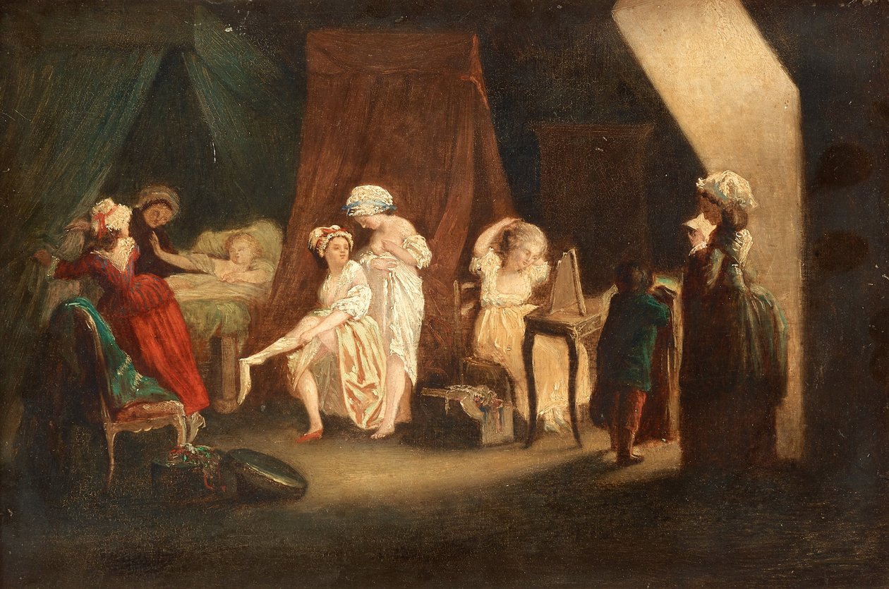 Le Lever des Ouvrieres en mode ، بواسطة Lafrensen ، Niklas (Nicolas Lavreince أو Lavrince) (1737-1807). زيت على خشب مقاس 27x39 مجموعة خاصة بواسطة نيكلاس الثاني لافرينسن