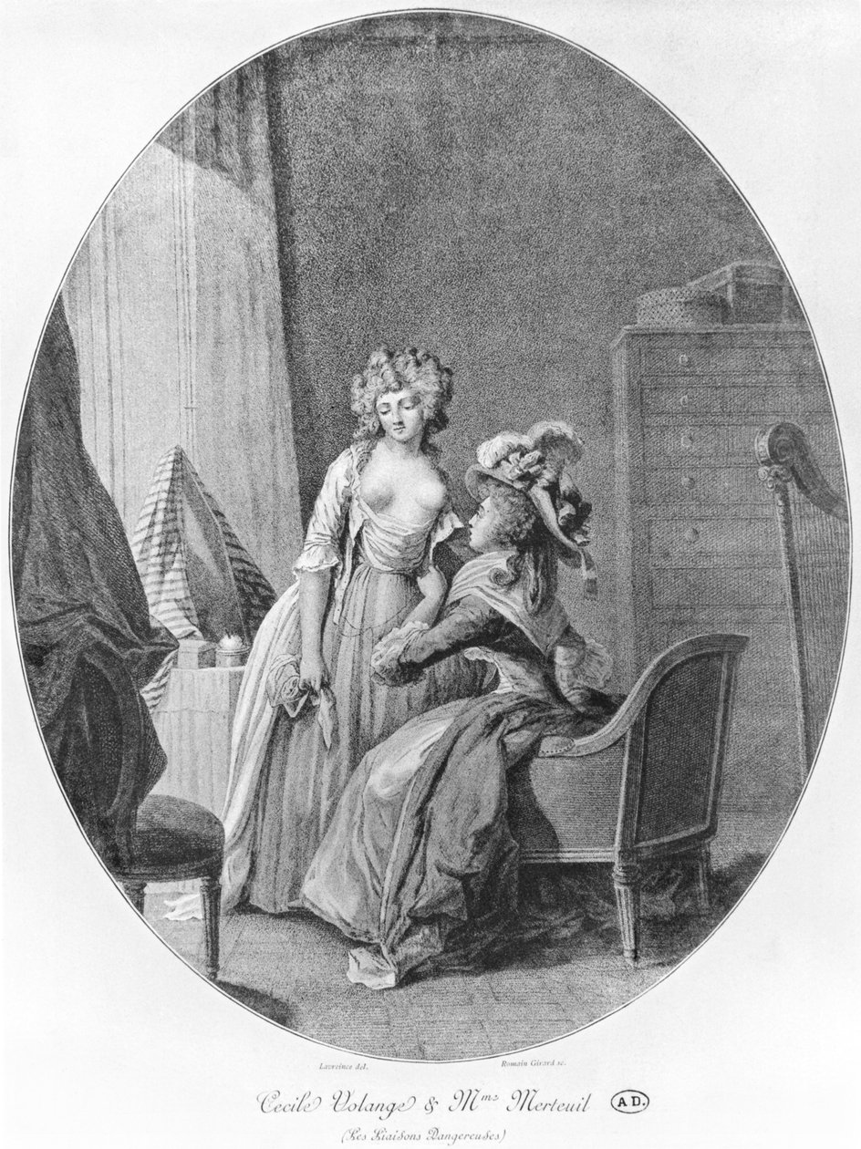 Madame de Merteuil يغوي Cecile Volange ، رسم توضيحي من "Les Liaisons Dangereuses" بقلم Pierre Choderlos de Laclos (1741-1803) منقوش بواسطة Romain Girard (BC1751) 1782 بواسطة نيكلاس الثاني لافرينسن