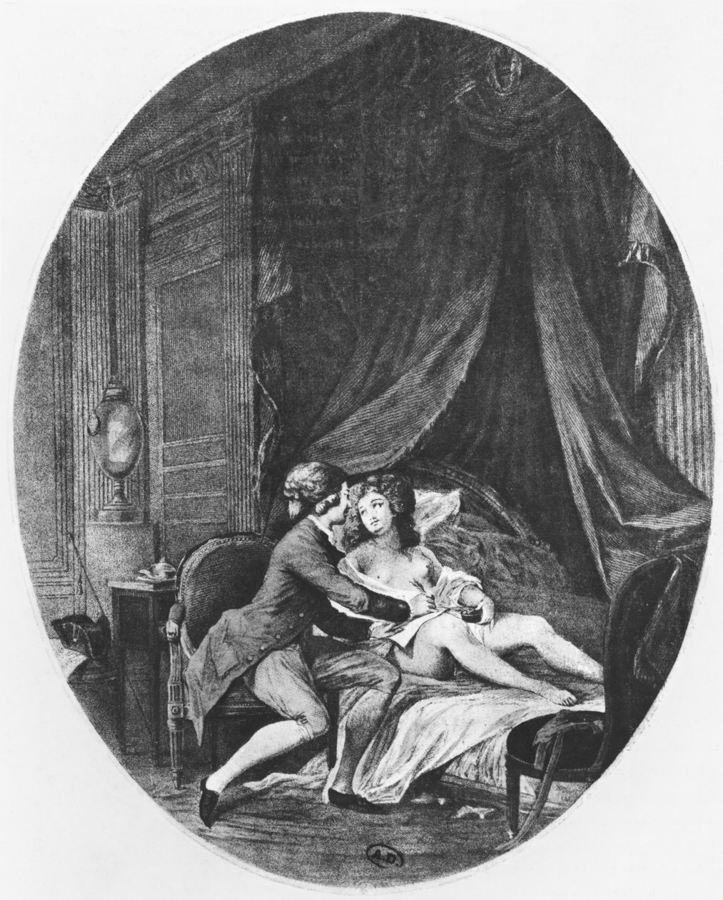 Valmont و Emilie ، رسم توضيحي من "Les Liaisons Dangereuses" بقلم بيير شودرلوس دي لاكلوس (1741-1803) منقوش بواسطة Romain Girard (BC1751) 1782 بواسطة نيكلاس الثاني لافرينسن