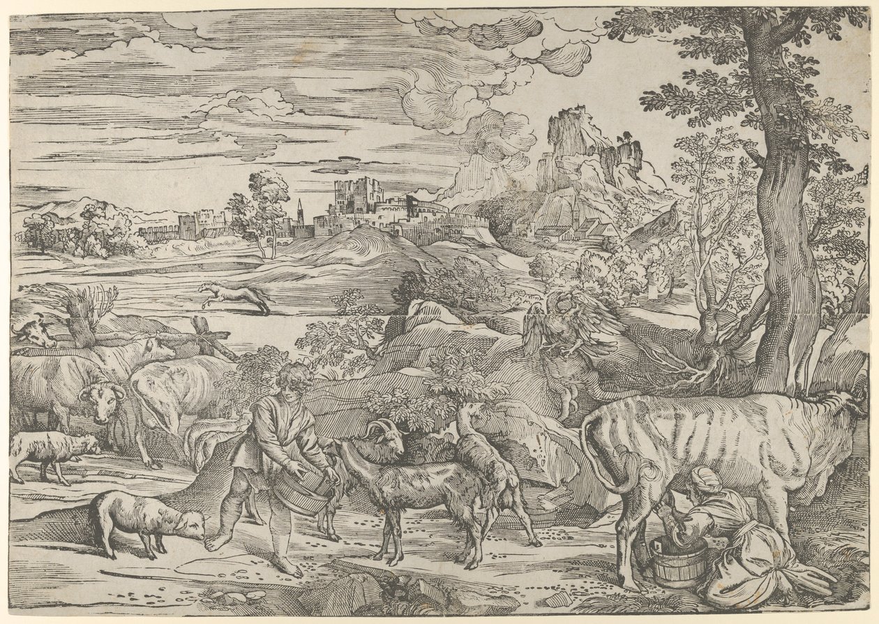 منظر طبيعي مع خادمة حليب على اليمين وصبي على اليسار ، كاليفورنيا. 1535-40. ، كاليفورنيا. 1535-40. بواسطة نيكولو بولدريني