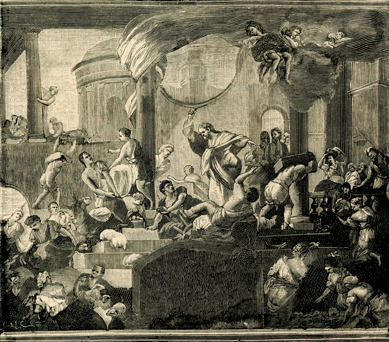 يسوع يقود التجار من المعبد ، زيت على قماش رسمه نيكولا مالينكونيكو (1663-1721) ، بازيليك سانت أغاتا ، جاليبولي ، بوليا ، إيطاليا بواسطة نيكولا مالينكونيكو