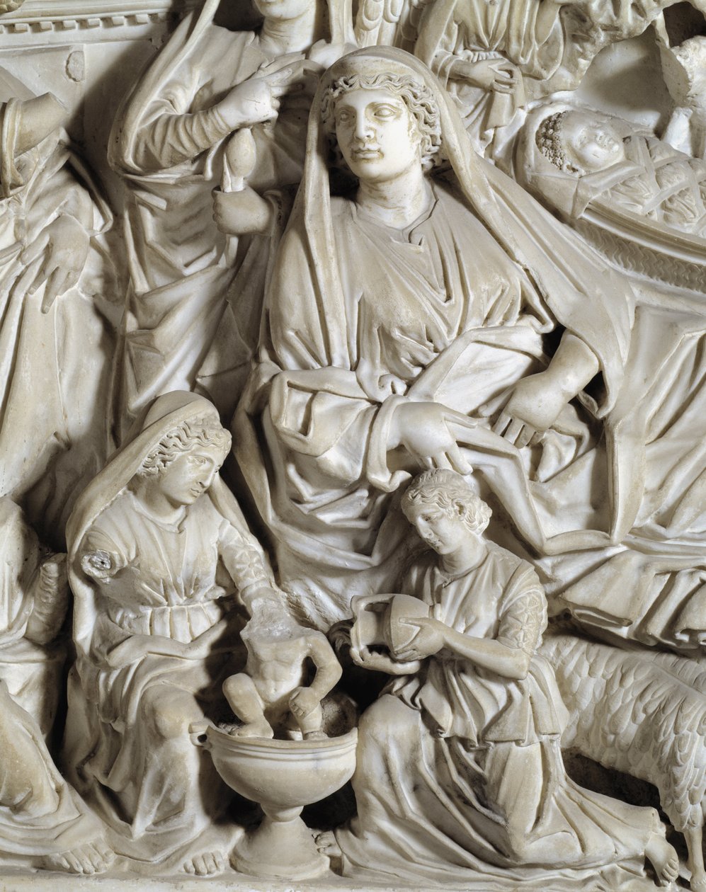 كرسي La nativite (الميلاد) التفصيلي الذي أنجزه نيكولا بيسانو (1215 / 20-1278 / 84) (منبر رخامي) 1260 بابتيستير القديس يوحنا من بيزا (باتيستيرو سان جيوفاني دي بيزا) ، إيطاليا بواسطة نيكولا بيسانو
