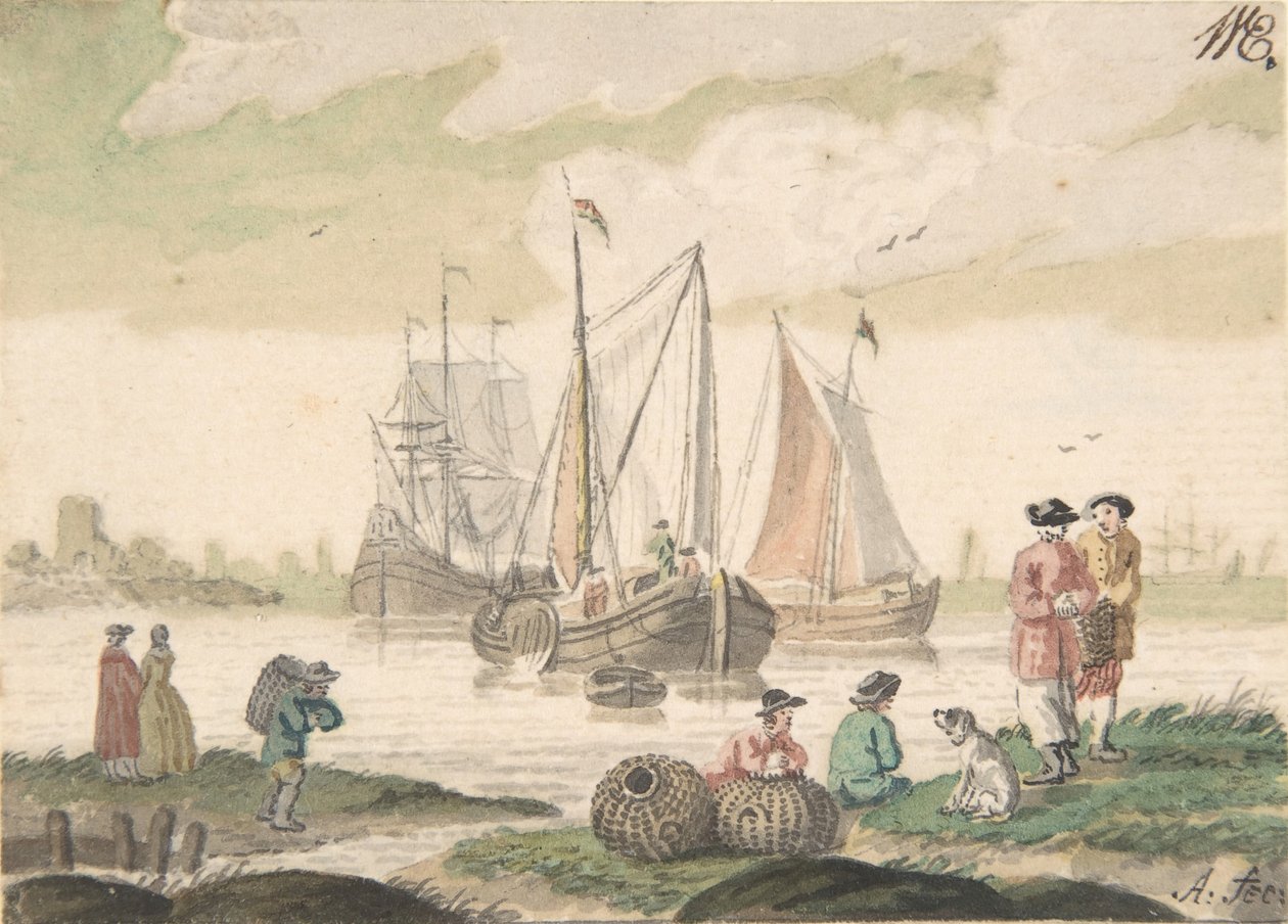 المناظر البحرية مع سبع شخصيات وكلب ، 1733-1793. بواسطة نيكولاس أرتمان