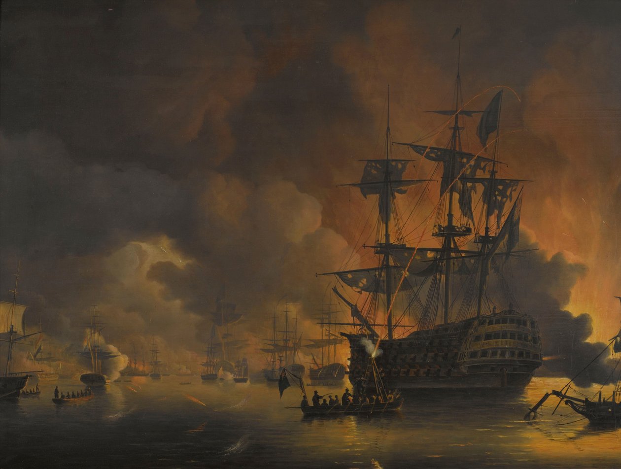 حريق أرصفة الجزائر ، بعد وقت قصير من بدء قصف الأسطول الأنجلو هولندي ، 27 أغسطس 1816 أربع حلقات أثناء وجود الأسطول الأنجلو هولندي في خليج الجزائر ، من 26 إلى 27 أغسطس 1816 (عنوان السلسلة) بواسطة نيكولاس باور
