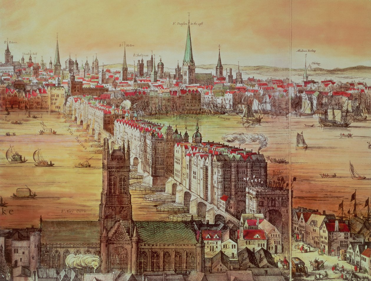 جسر لندن القديم ، التفاصيل من "Vischer&39;s London" ، القرن السابع عشر (النقش) بواسطة نيكولايس جانز فيشر