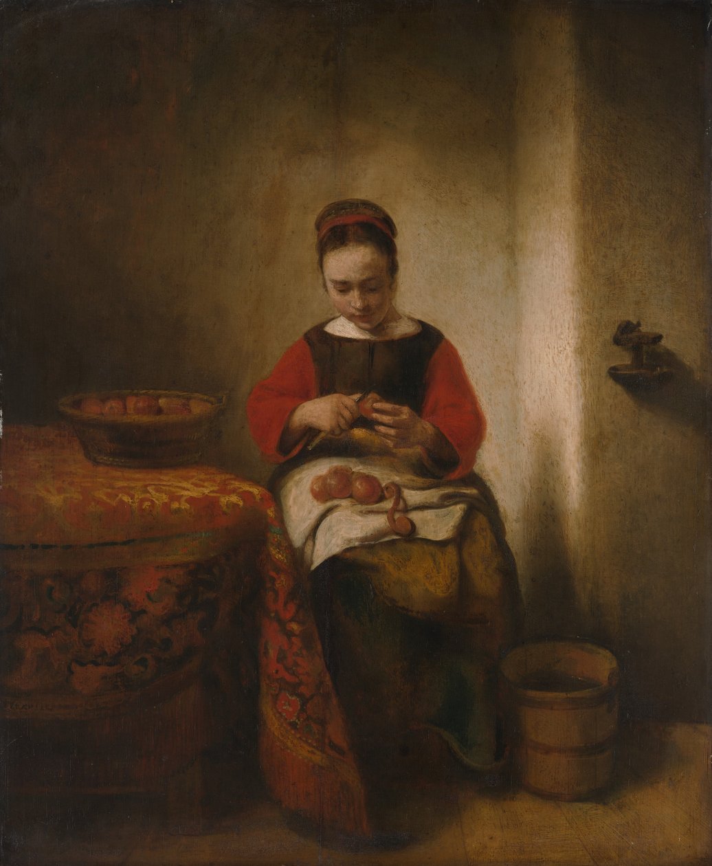 المرأة الشابة، تقشير، التفاحات، ca. 1655. بواسطة نيكولايس مايس