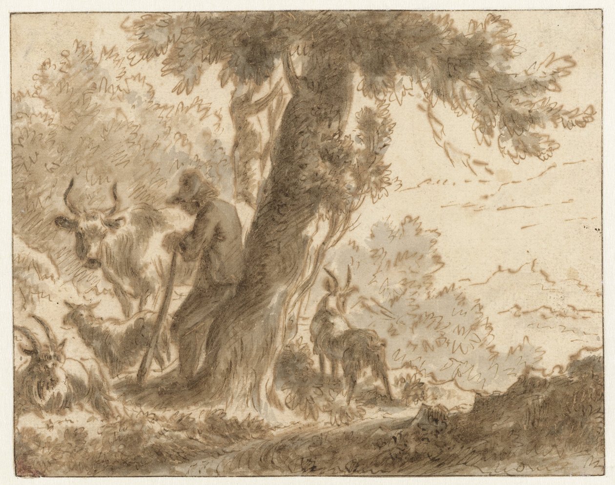 الراعي وماشيته بالقرب من الشجرة بواسطة Nicolaes Pietersz Berchem (ربما)