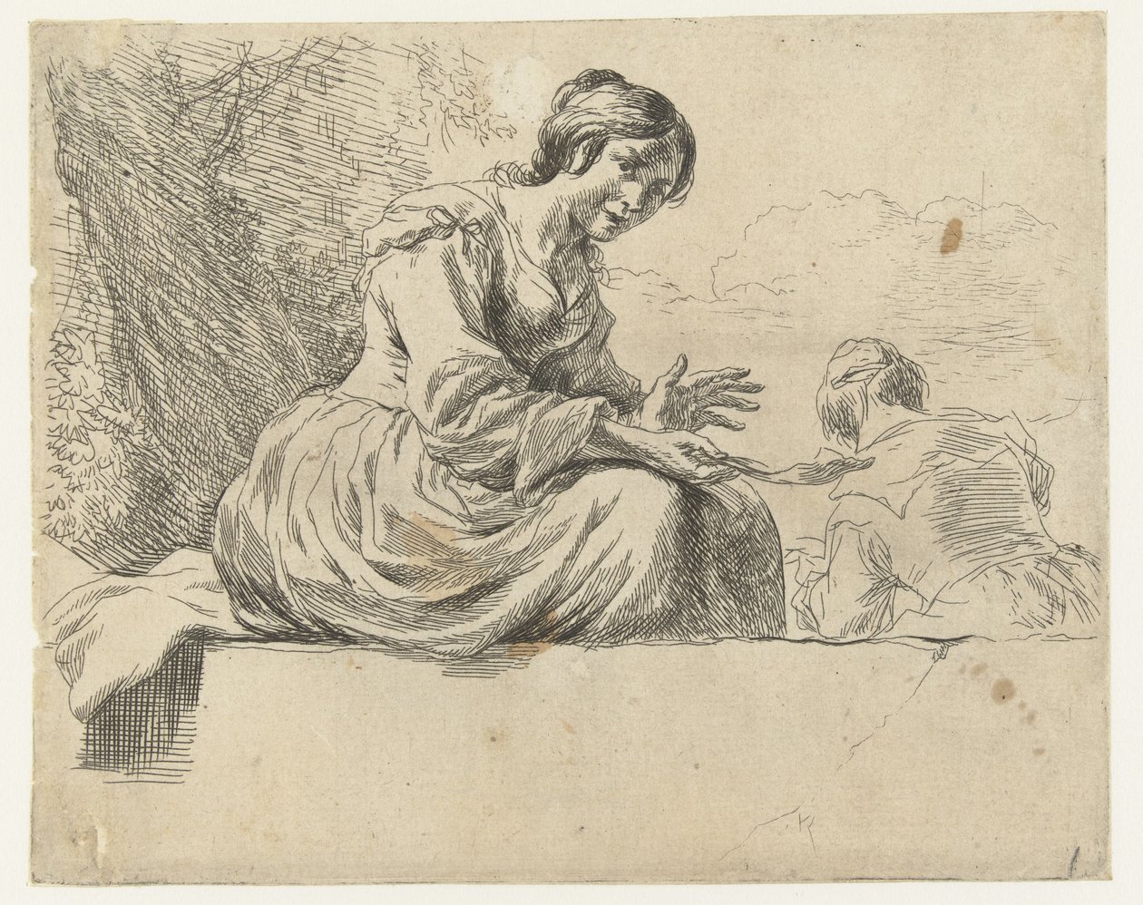 شابة تجلس على حجر الأغنام (عنوان المسلسل) Animalia ad vivum delineata et aqua forti aeri impressa Studio et Arte Nicolai Berchemi (عنوان السلسلة) بواسطة نيكولاي بيترز بيرتشيم