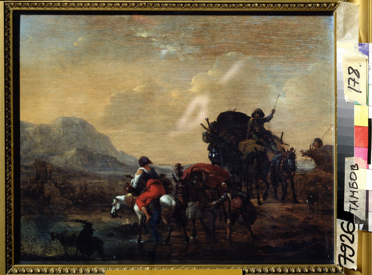 "La caravane" (القافلة) Peinture de Nicolaes Claes Pietersz Berchem (ou Berchen، Berighem، Berrighem، Berrigham) (1620-1683) 1655 Regional Art Gallery، Tambov، Russie بواسطة نقولا بيتيرز. برشم