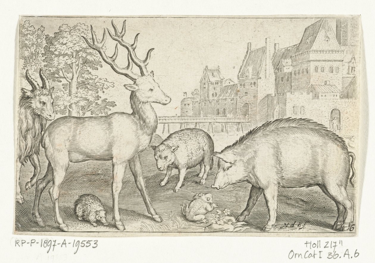 الغزلان والقنفذ والأغنام والضفدع والخنزير Animalivm Qvadrvpedvm (عنوان المسلسل) الحيوانات في المناظر الطبيعية (عنوان السلسلة) بواسطة نيكولايس دي بروين