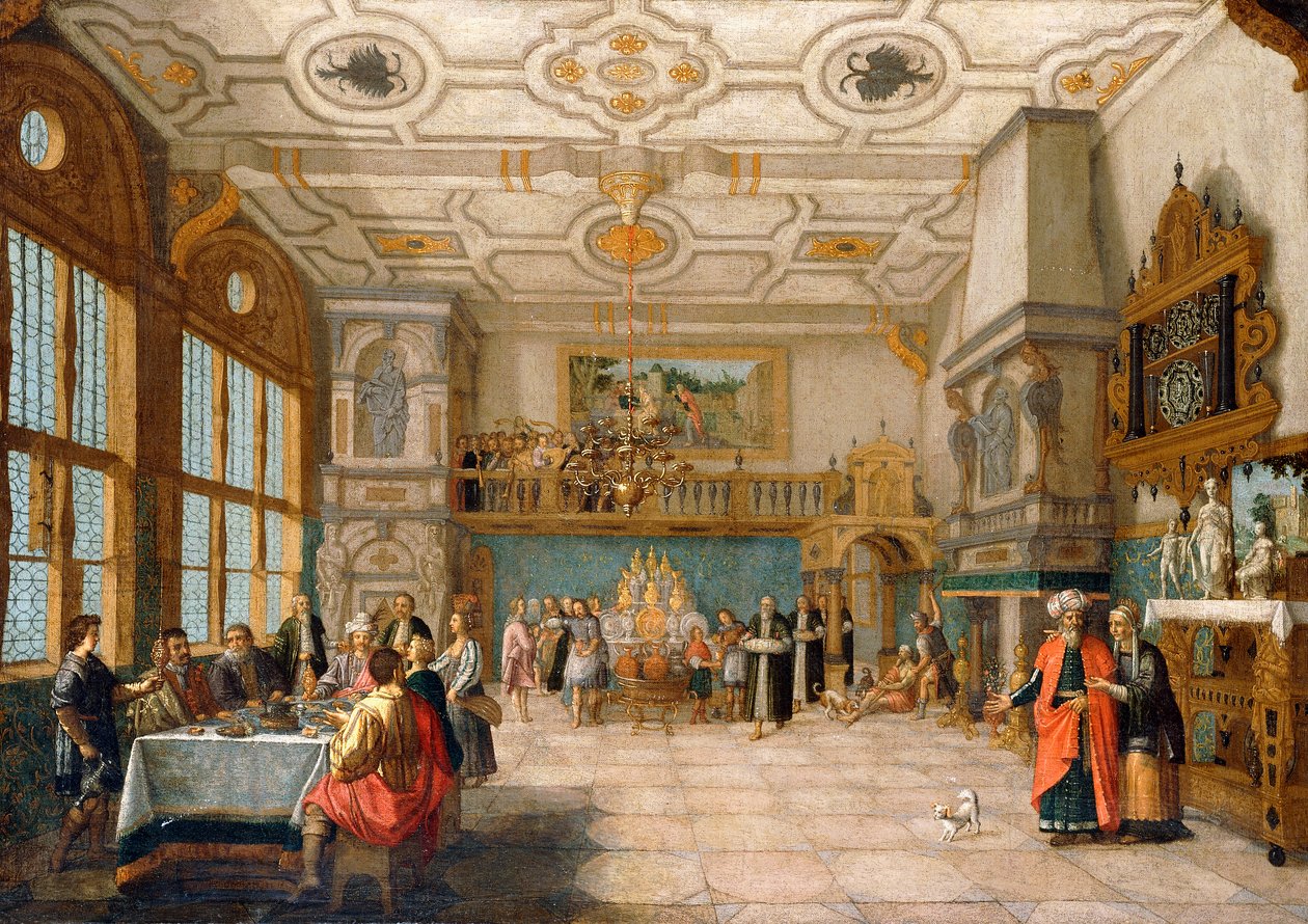 لازاروس عند باب قاعة الولائم مع طعام الشخصيات الأنيقة ، 1622 بواسطة Nicolaes de Gyselaer