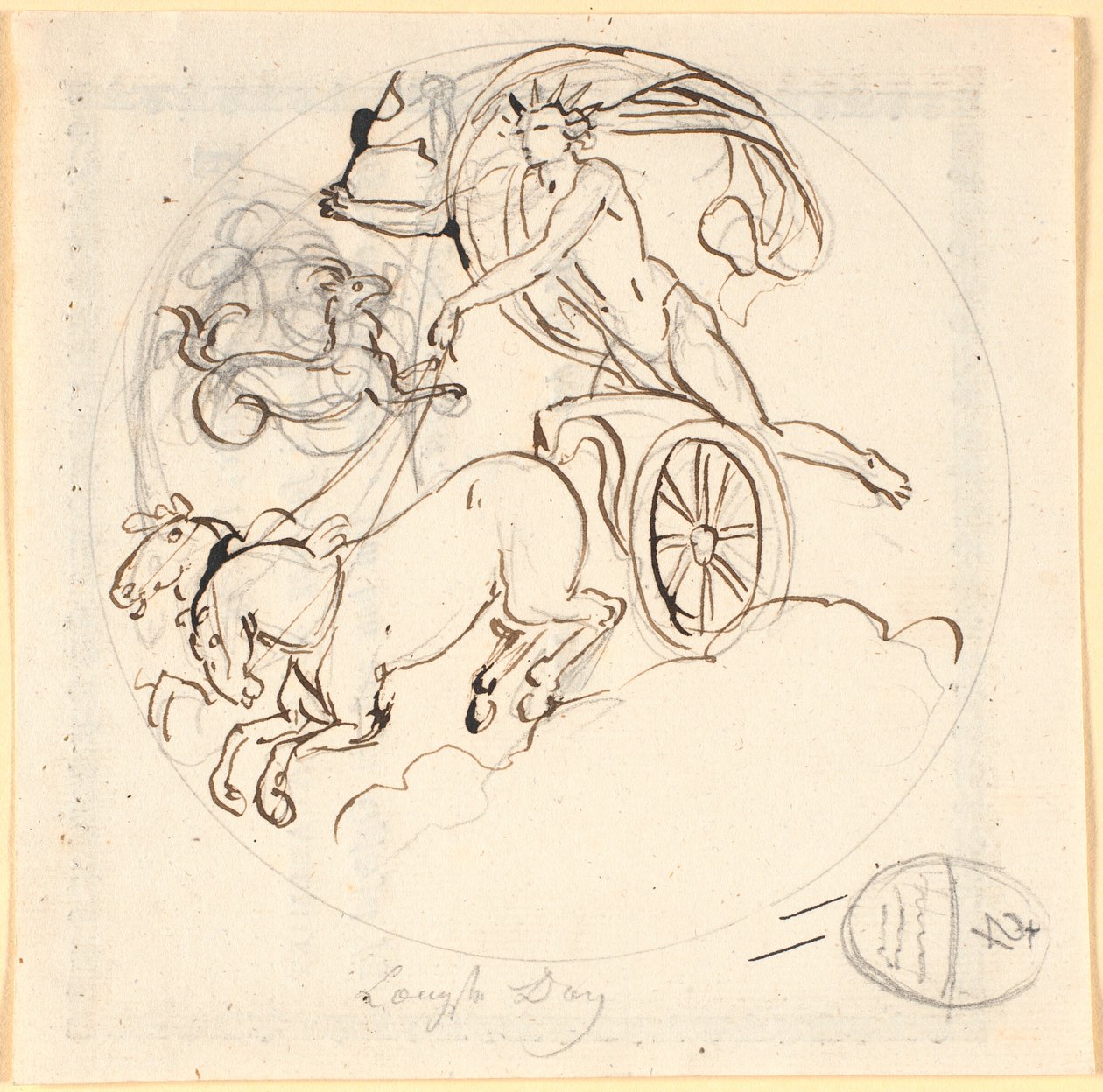 أبولو يقود عربته الشمسية نحو الأسفل ؛ أعلاه ، برج الجدي السماوي مؤطرة بدائرة. الرسم يصور أطول يوم بواسطة نيكولاي أبراهام أبيلدغارد