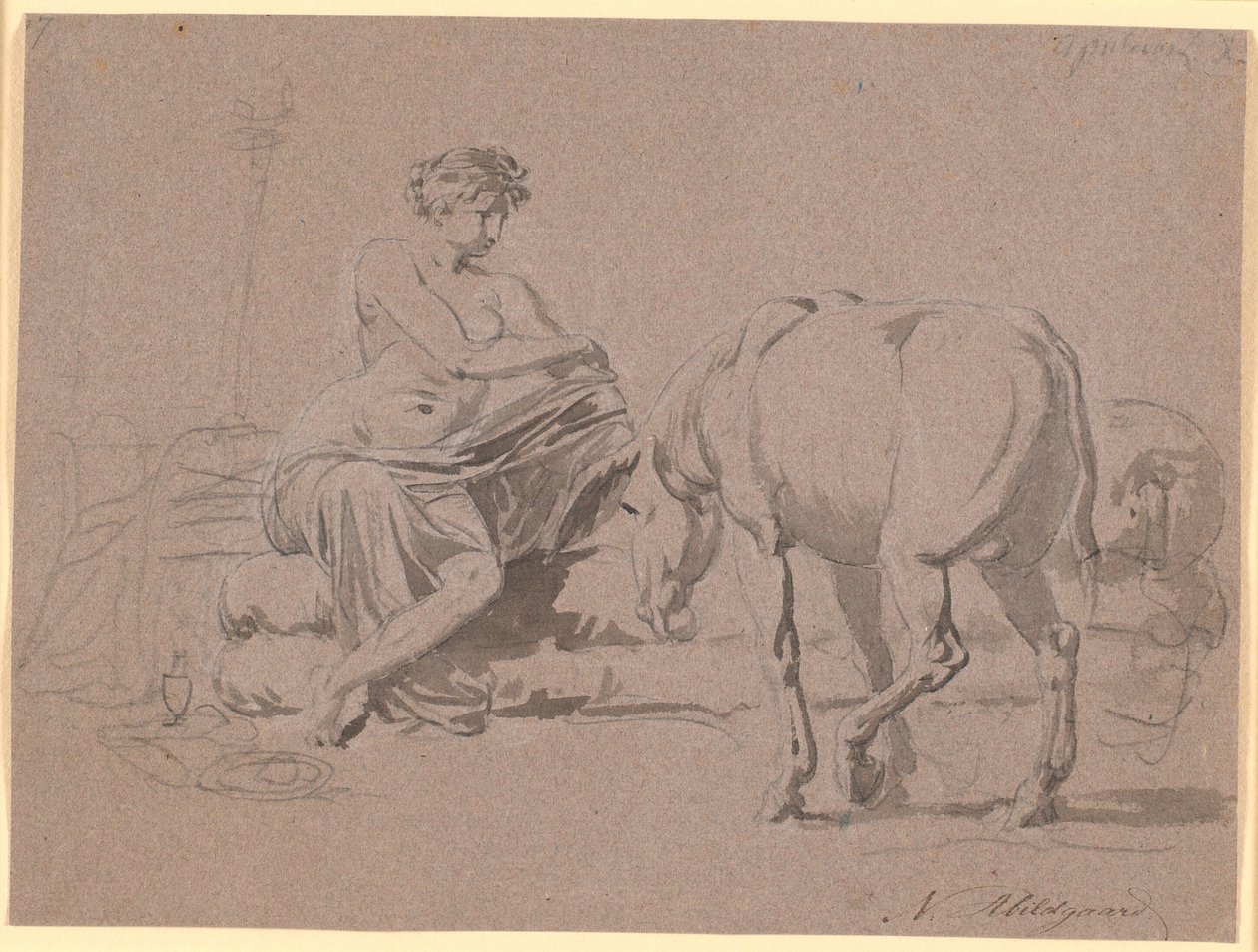 مشهد من كتاب Apuleius "The Golden Ass" 10. الفتاة الصغيرة تخلع ملابسها ، على اليمين يقف الحمار بواسطة نيكولاي أبراهام أبيلدغارد