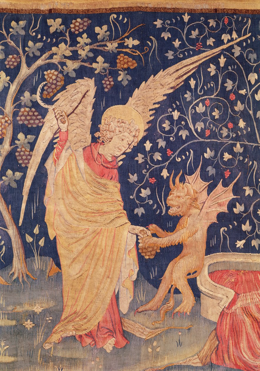 ملاك مع مجموعة من العنب وشيطان ، التفاصيل من نسيج نهاية العالم ، 1373-87 (نسيج) بواسطة نيكولاس باتايل