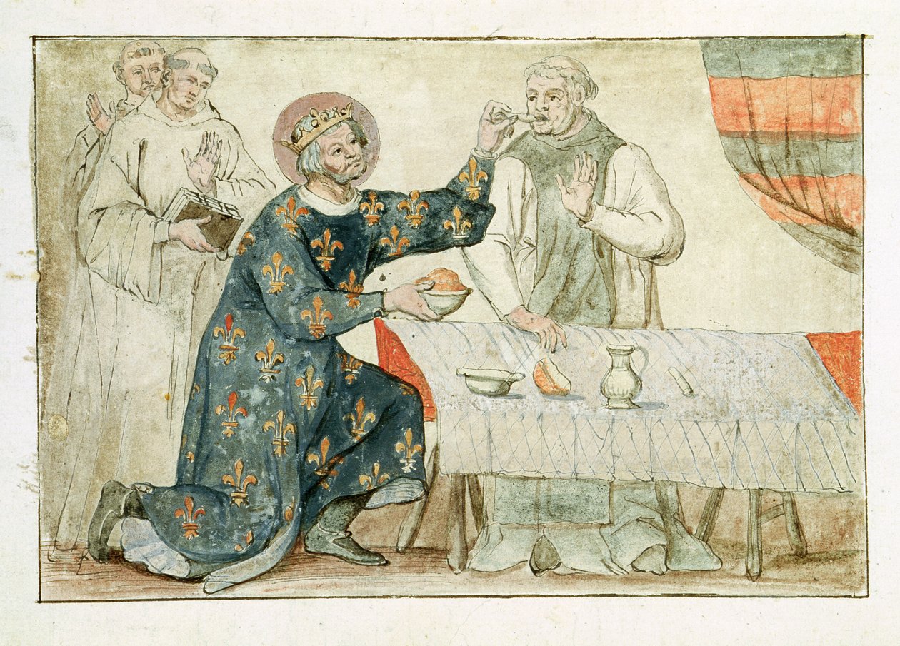 السيدة 1779 ، الورقة 81 سانت لويس ، تطعم راهبًا بائسًا ، من "Memoires pour la Vie de Saint Louis" بواسطة نيكولاس كلود فابري دي بيريسك