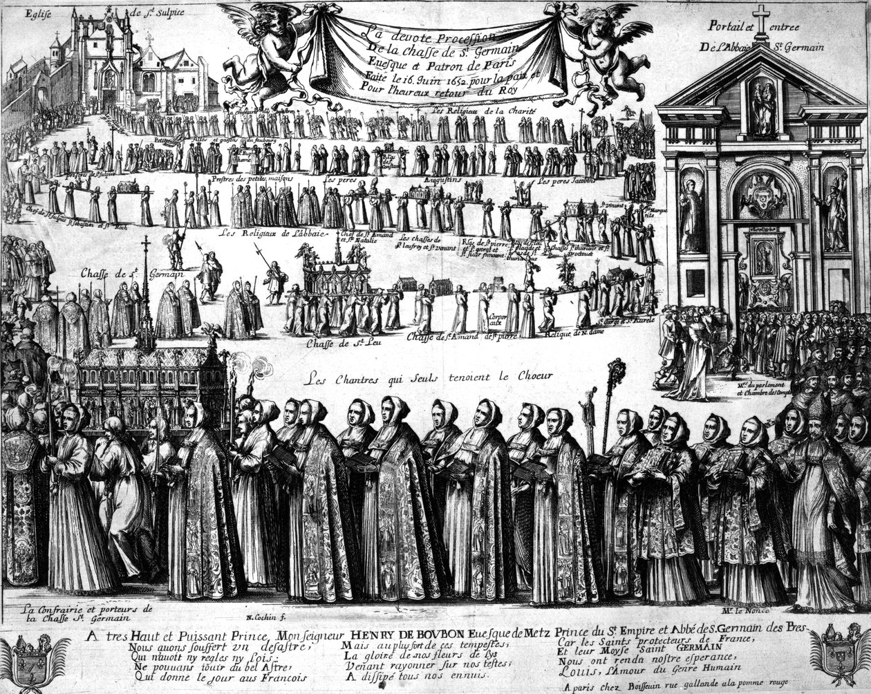 موكب مرقد سانت جيرمان وآخرون من دير سان جيرمان دي بري إلى كنيسة سانت سولبيس ، باريس ، c.1652 بواسطة نيكولاس كوتشين