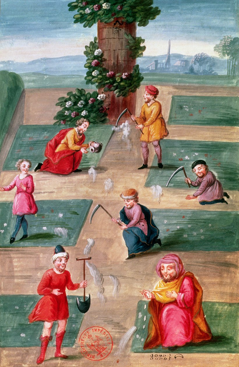 السيدة الاب. 14765 ص 42-43 الكيميائيون الفرنسيون الباحثون عن الذهب المادي ، الذي اشتهر به نيكولا فلاميل (1330-1418) بواسطة نيكولاس فلاميل