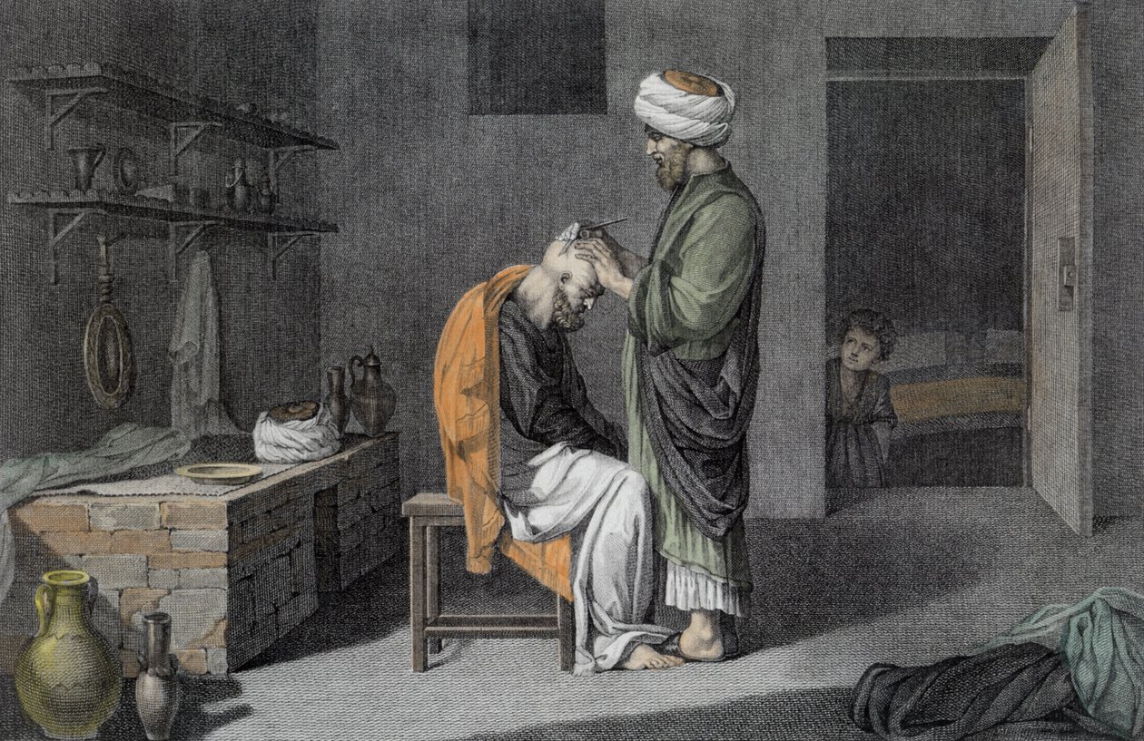 الحلاق ، من المجلد الثاني فنون وتجارب "وصف مصر" ، نقشته حانة إتيان فريدريك لينون (1779-1833). تحت أوامر نابليون ، 1822 (تلوين لاحق) بواسطة نيكولاس جاك كونتي
