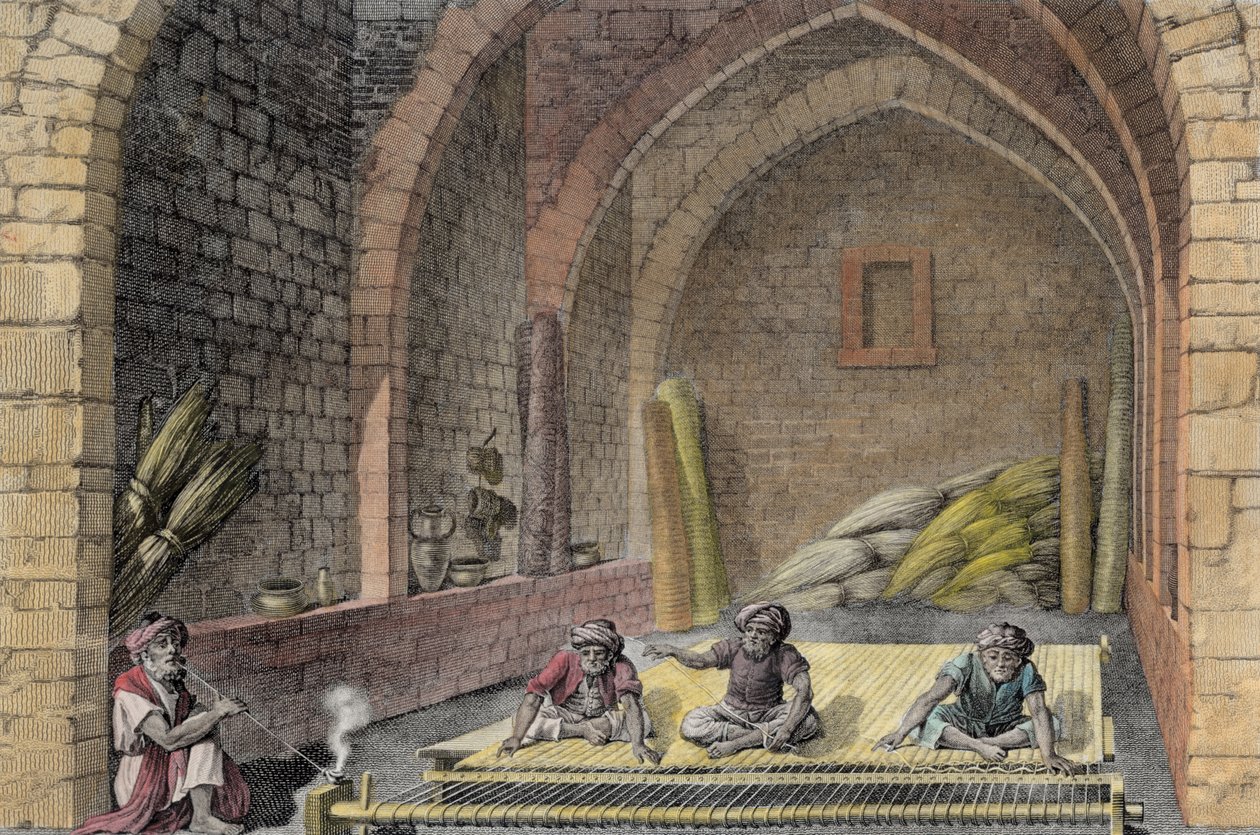 نسج سجادة ، من المجلد الثاني فنون وتجارة "وصف مصر" ، حانة. تحت أوامر نابليون ، 1822 (تلوين لاحق) بواسطة نيكولاس جاك كونتي