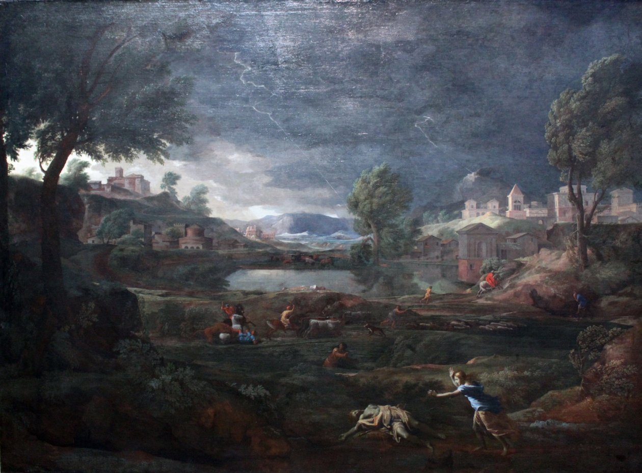 المناظر الطبيعية خلال عاصفة رعدية مع Pyramus و Thisbe بواسطة نيكولاس بوسين