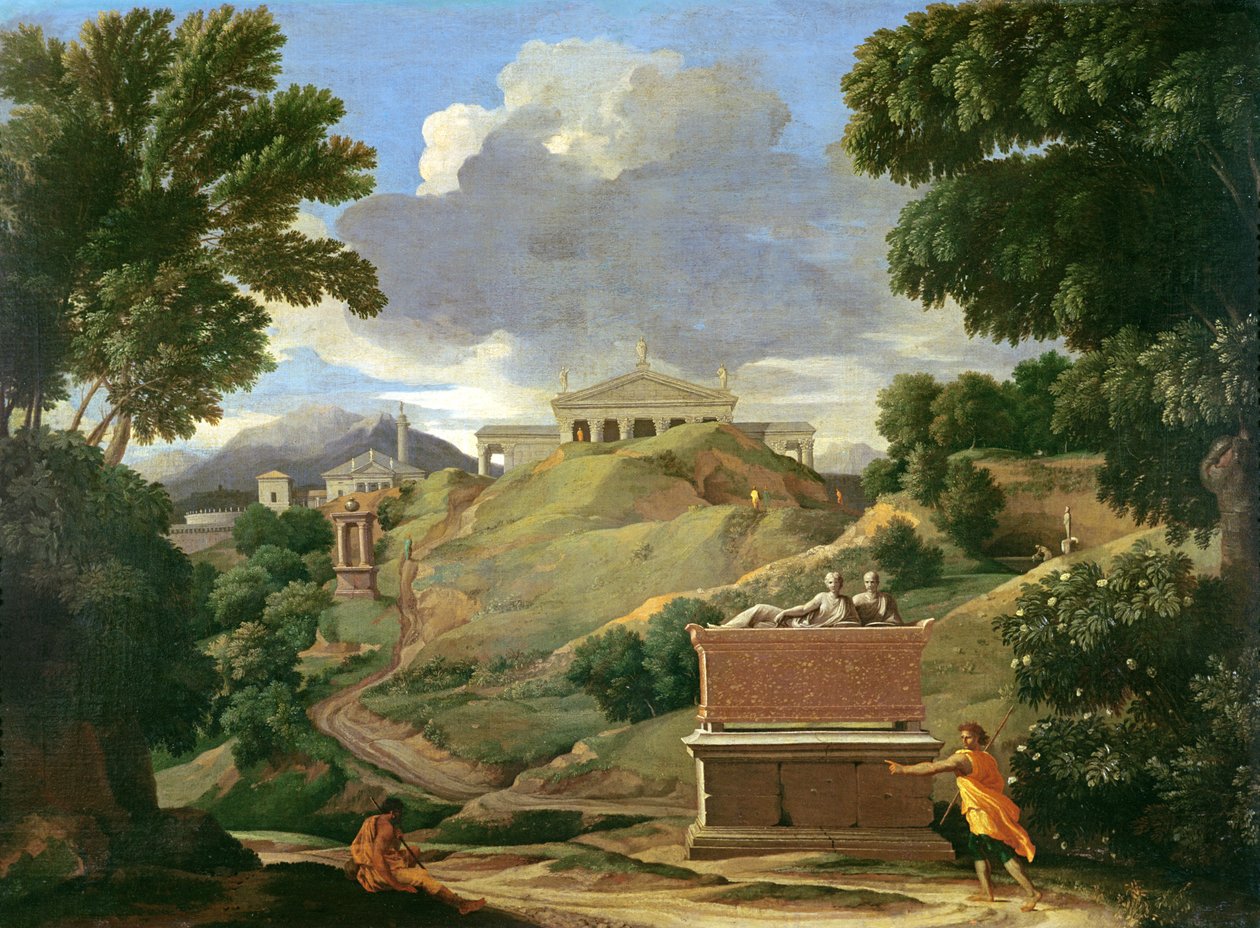 منظر طبيعي مع أنقاض كلاسيكية وتابوت إتروسكاني ، ج .1634 بواسطة نيكولاس بوسين