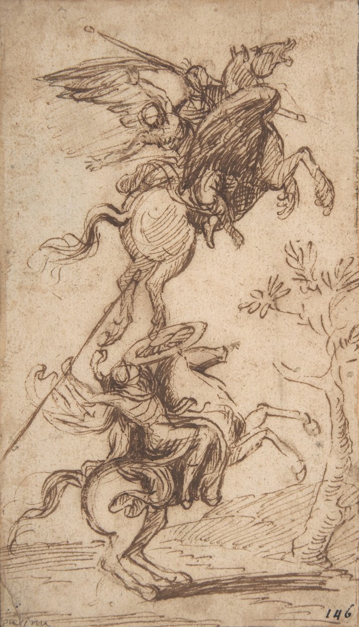 The Sorcerer Atlante Abducting Pinabellos Lady (Ariosto، Orlando Furioso، canto II، 38)، c.1635-38 (قلم وحبر بني) بواسطة نيكولاس بوسين