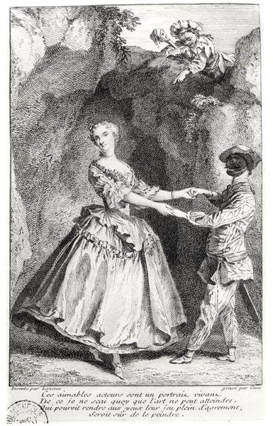 Harlequin و Colombine في كوميديا لويس دي بويسي (1694-1758) منقوش بواسطة Laurent Cars (1699-1771) بواسطة نيكولاس بعد لانكريت