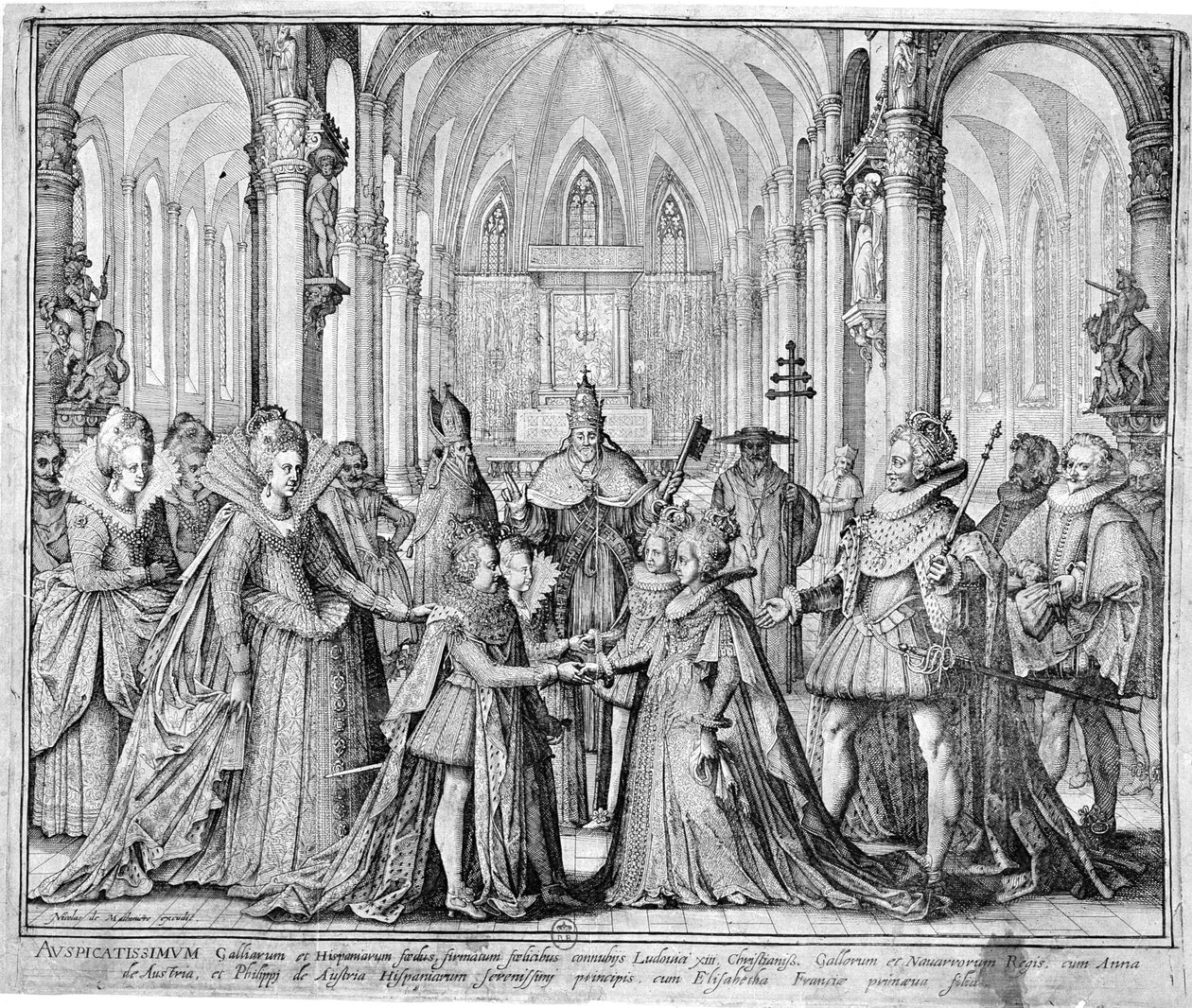 الزواج المزدوج في 1615 من لويس الثالث عشر (1601-43) إلى آن من النمسا (1601-66) وفيليب من النمسا (1605-65) مستقبل فيليب الرابع من إسبانيا إلى إليزابيث من فرنسا (1602-44) بواسطة نيكولاس دي ماتونيير