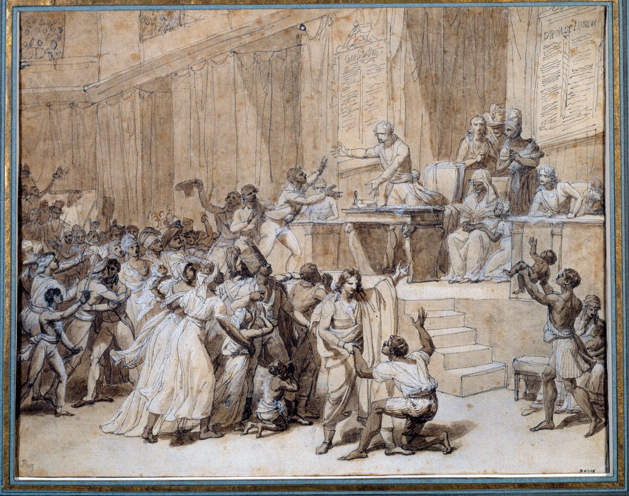 الثورة الفرنسية: أصدر المؤتمر الوطني قرارات بإلغاء الرق في المستعمرات بتاريخ 4/2/1794 (16 Pluviose An II) في باريس. رسم بالحبر لنيكولاس أندريه مونسياو (1754-1837) صن. 0،26x0،33 م باريس ، متحف كارنافالي بواسطة نيكولاس أندريه مونسياو