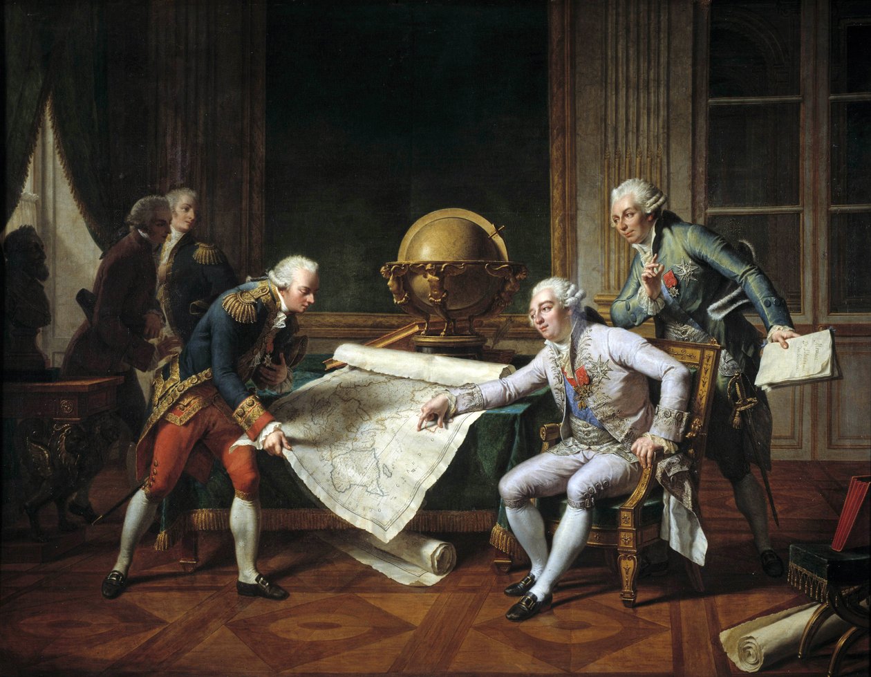 لويس السادس عشر (1754-1793) ، ملك فرنسا ، يعطي تعليمات إلى جان فرانسوا غالوب ، كونت لا بيروز (جان فرانسوا لابيروس بواسطة نيكولاس أندريه مونسياو