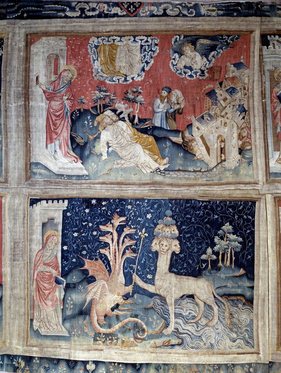 ستارة الوحي (1373 - 1383). رقم 31 مرتفعًا: تفاجأ جان بقيامة الصديقين. N ° 38 أسفل: يعطي التنين صولجانًا ملكيًا إلى Panthere (مظهر من مظاهر الشيطان). نسيج لنيكولاس باتاي (1330-1405) بواسطة نيكولاس باتايل