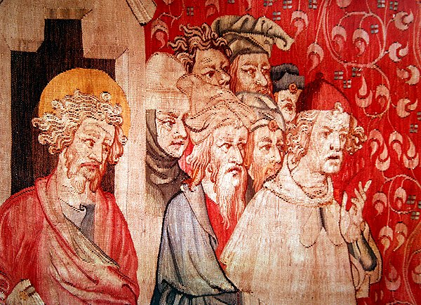 تفاصيل عن الرجال الذين يستمعون للملاك يتنبأون بتعذيبهم ، من "نهاية العالم للغضب" ، 1373-87 بواسطة نيكولاس باتايل