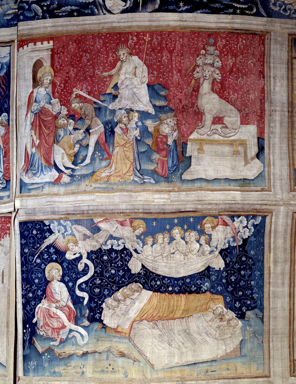 شنق الوحي (1373-1383). رقم 44 مرتفع: بيت لديه سبعة رؤوس. ن 51 منخفضة: نوم الصالحين. نسيج لنيكولاس باتاي (1330-1405) بواسطة نيكولاس باتايل