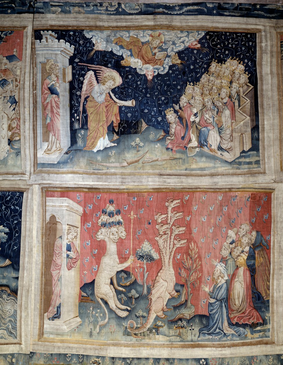 تعليق الوحي (1373-1383) ، ن. 24: البوق السابع. ن. 39: عبادة التنين. نسيج لنيكولاس باتاي (1330-1405) بواسطة نيكولاس باتايل