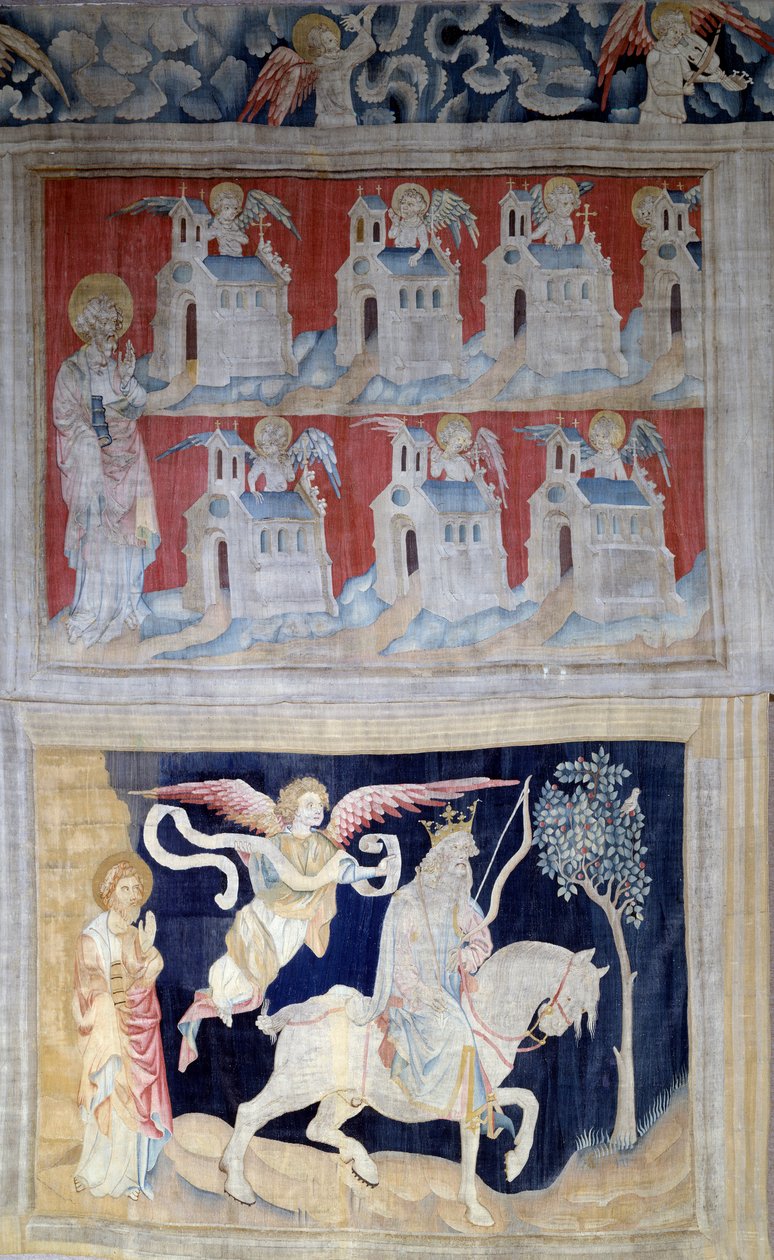 تعليق الوحي (1373-1383) ، ن. 28: القديس يوحنا بطمس وكنائس آسيا السبع وما دون الختم الأول: الفائز بالحصان الأبيض. نسيج لنيكولاس باتاي (1330-1405) بواسطة نيكولاس باتايل