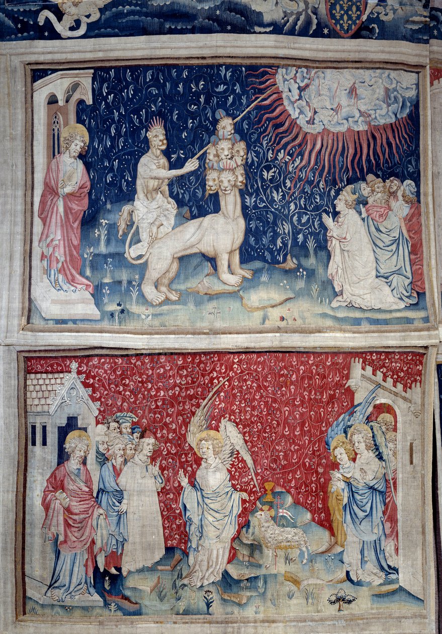 تعليق الوحي (1373-1383) ، ن. 44: بيت الأرض يجعل النار تسقط من السماء. أدناه ، ن. 51 ، الملاك الثالث والحمل. نسيج لنيكولاس باتاي (1330-1405) بواسطة نيكولاس باتايل